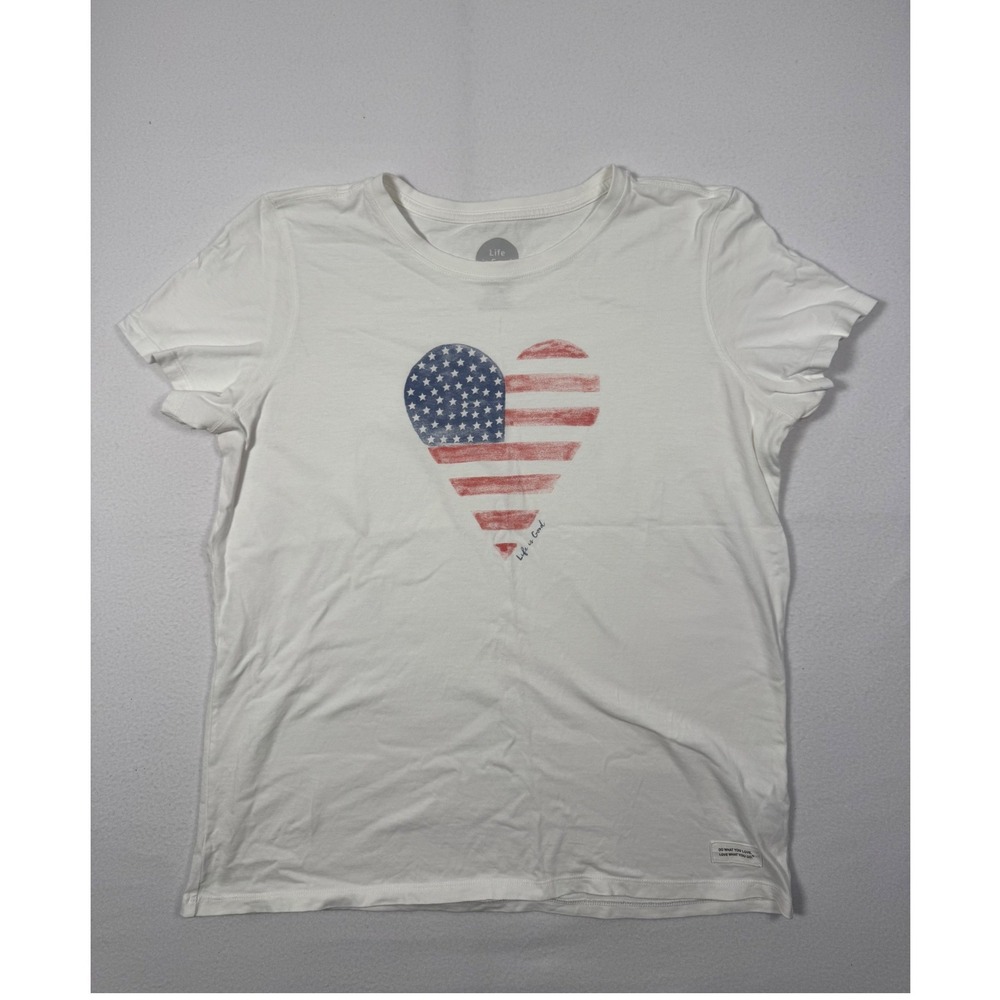 Patriotic Life is Good Womens Large Crusher Tee White American‎ Flag Heart Shirt